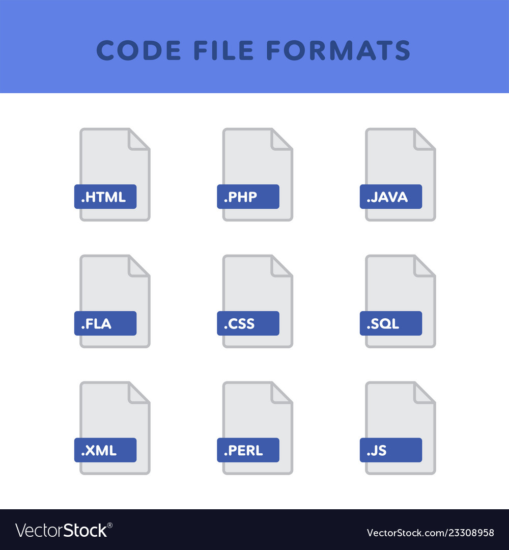 Set of code file formats and labels in flat icons vector image Set of code file formats and labels in flat icons