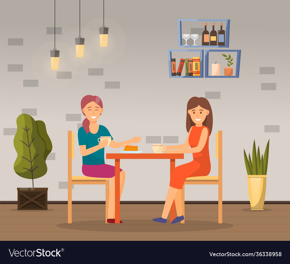 Two girls sitting at cafe and talking friends Vector Image