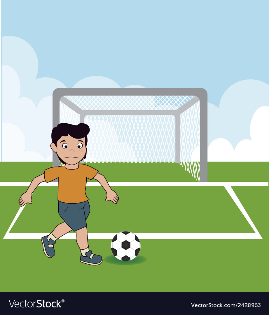 Boy playing soccer over sky background Royalty Free Vector