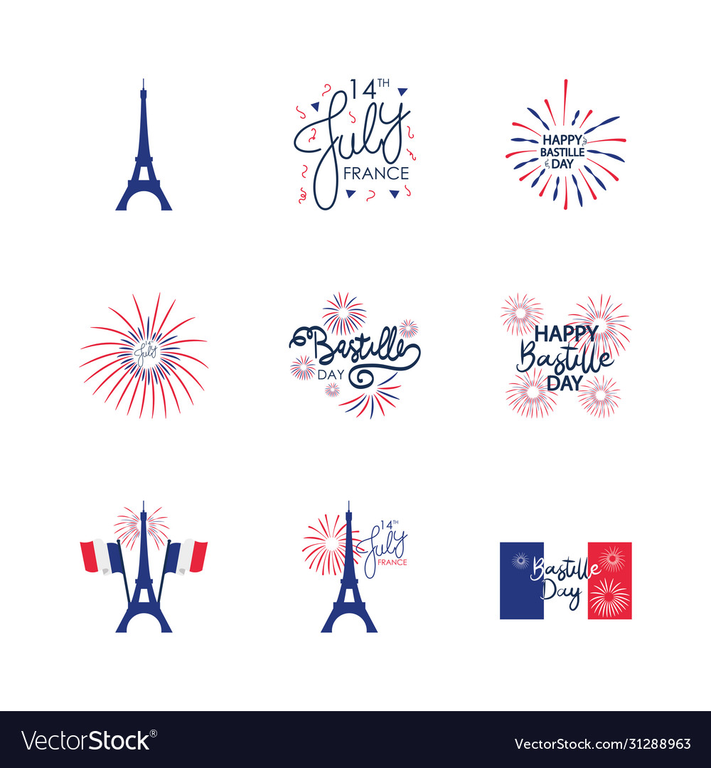 Eiffel tower and bastille day icon set flat style vector image Eiffel tower and bastille day icon set flat style