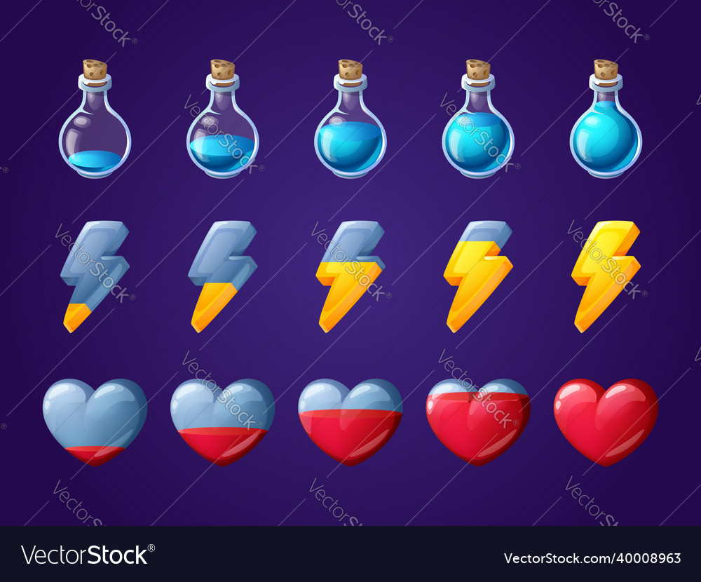 Game icons of heart lightning and potion bottle vector image Game icons of heart lightning and potion bottle