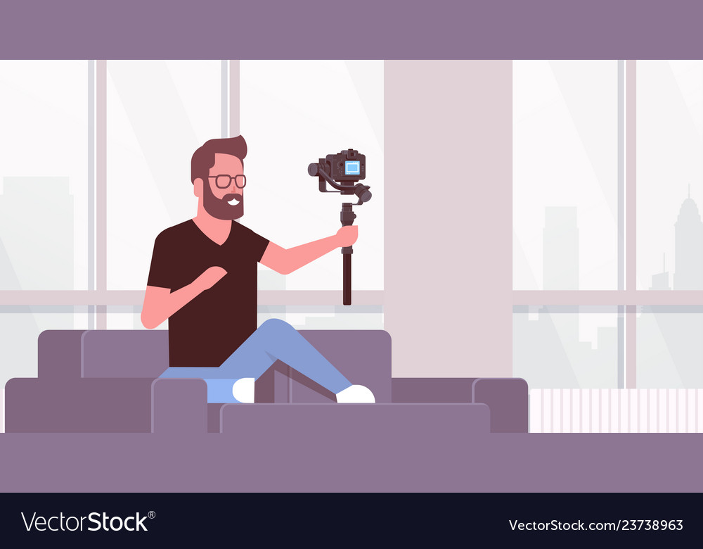Man blogger broadcasting live stream shooting Vector Image Man blogger broadcasting live stream shooting