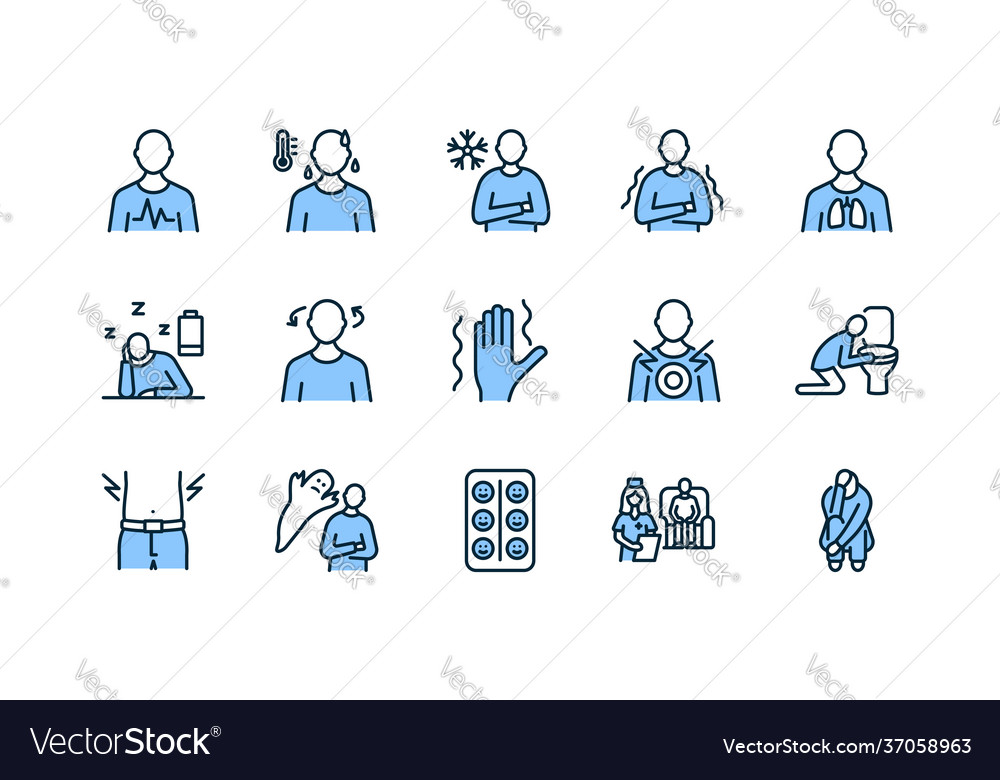 Panic attack symptoms flat line icon set blue