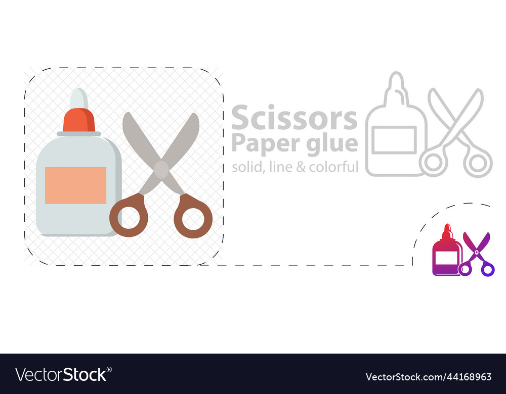 Scissors with paper glue isolated flat