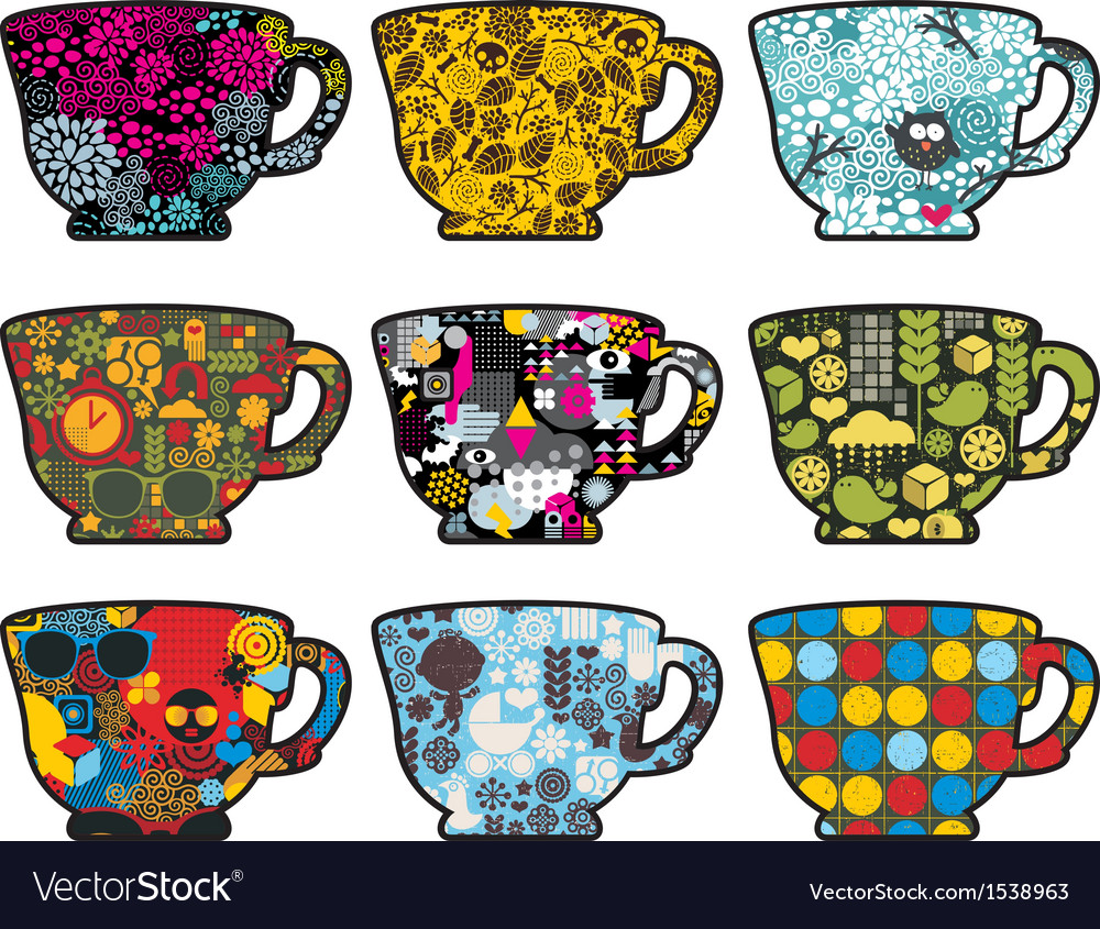 Set of cute tea cups with patterns