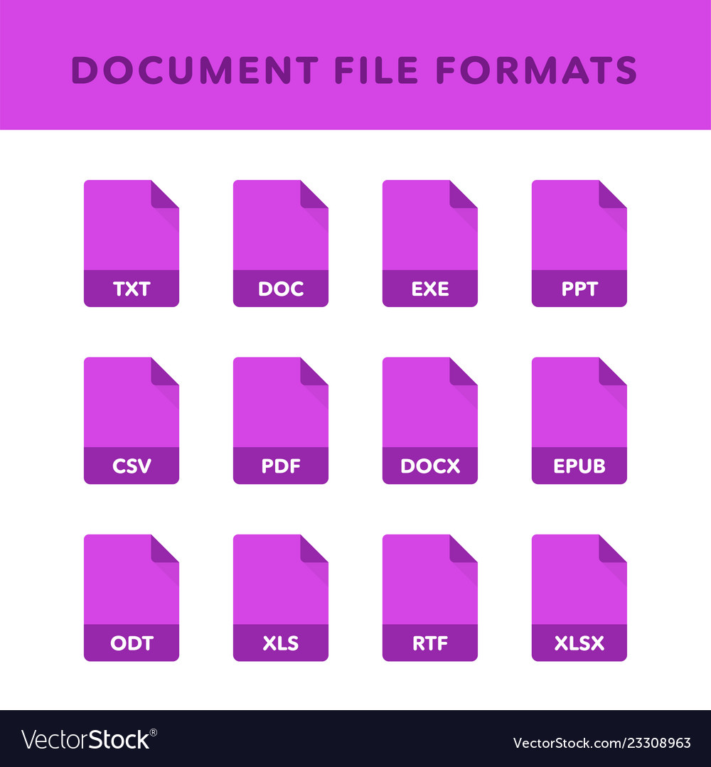Set of document file formats and labels in flat vector image Set of document file formats and labels in flat