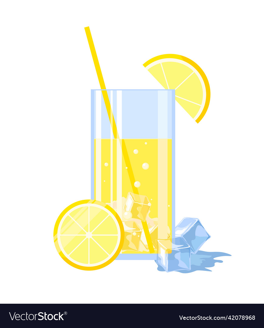 Lemonade with ice cubes and lemon on white Vector Image