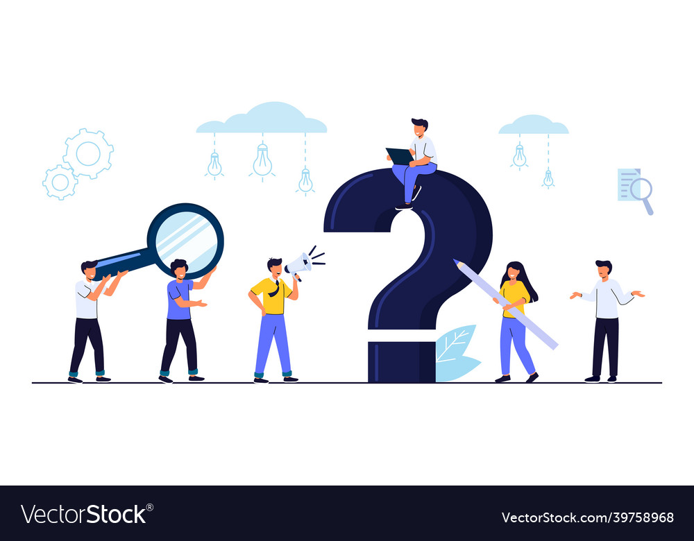 Q and a or faq concept with tiny people character vector image Q and a or faq concept with tiny people character