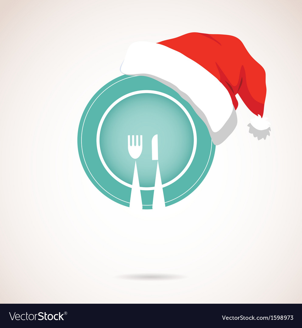 Christmas dinner plate wearing red hat Royalty Free Vector