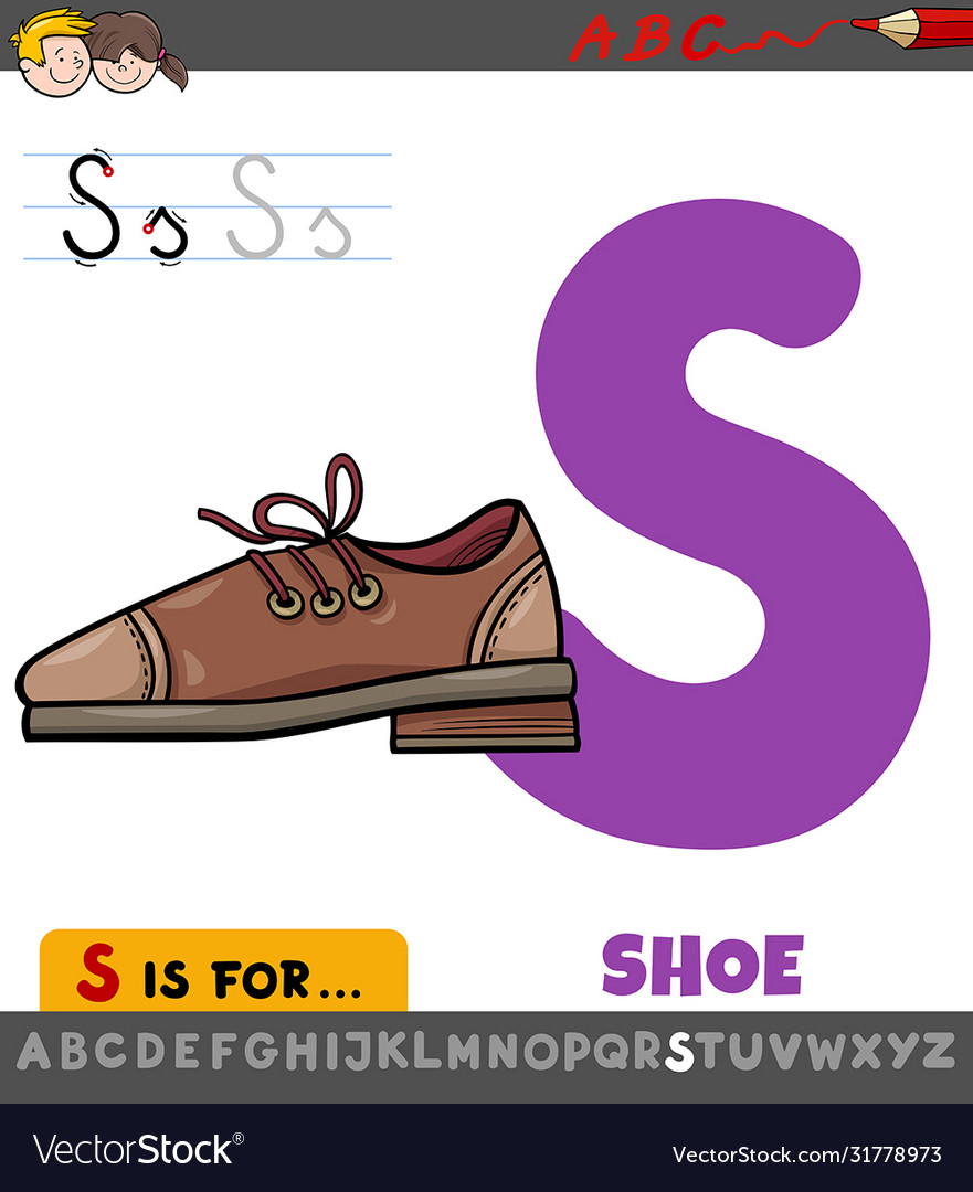 Letter s worksheet with cartoon shoe Royalty Free Vector