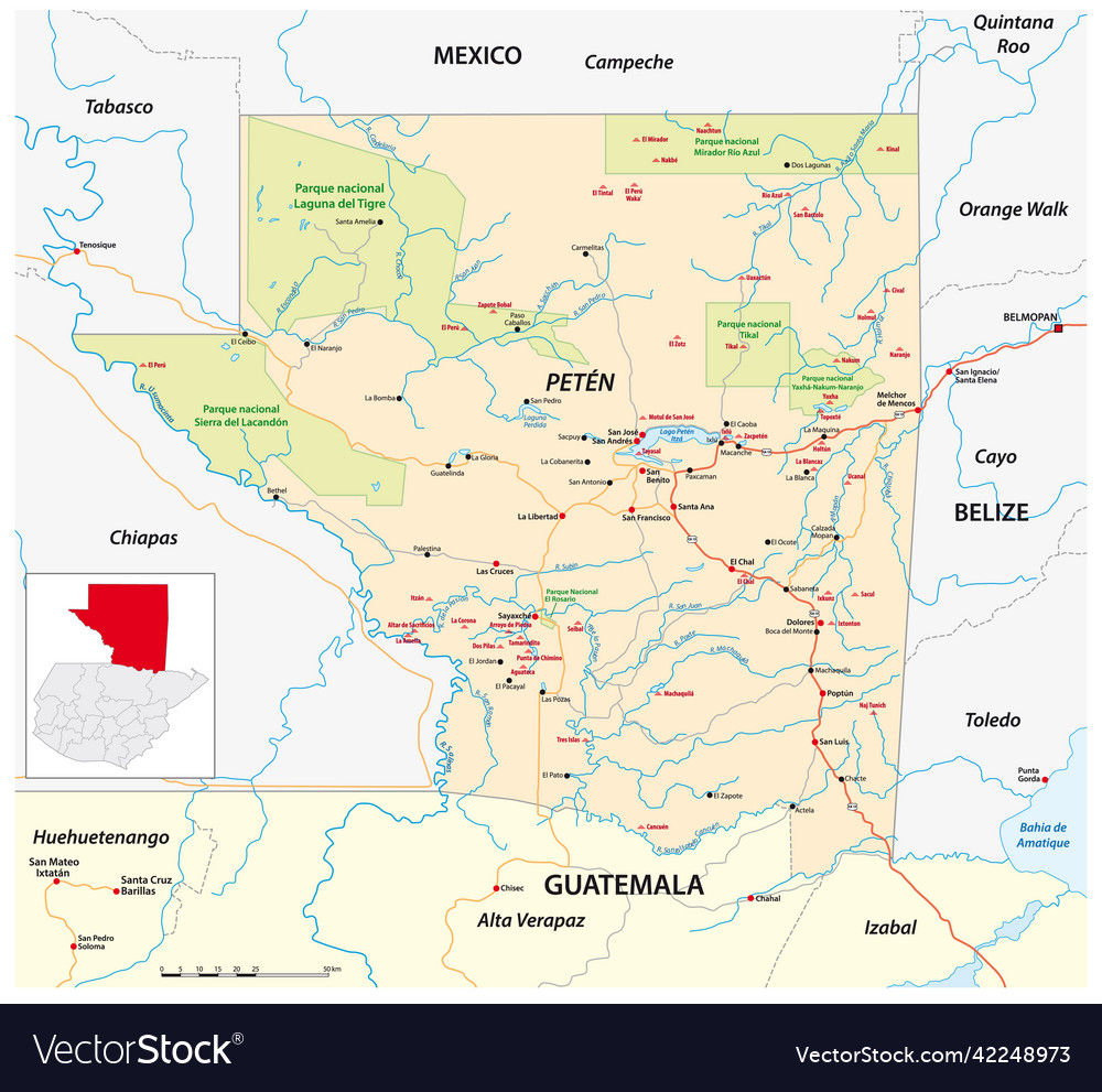 Roads and national park map of peten state Vector Image