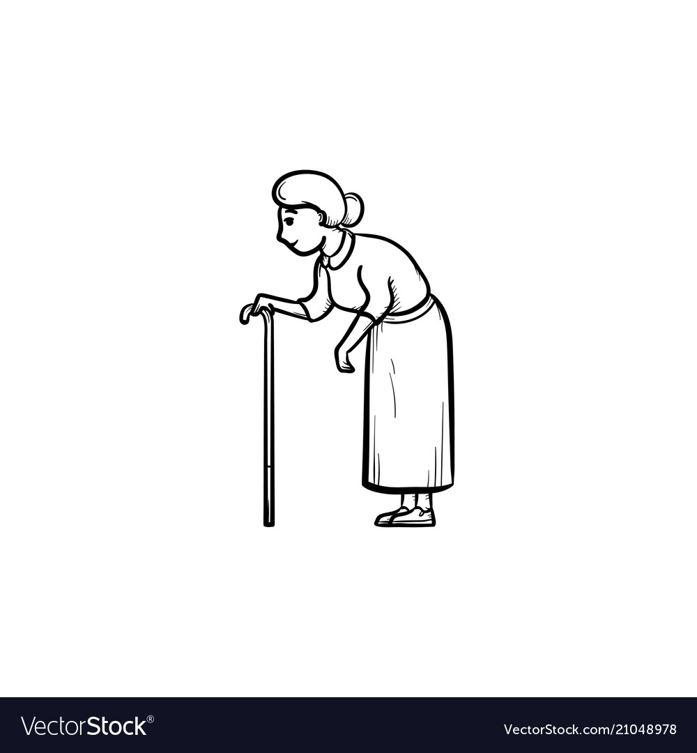 an old woman with cane hand drawn outline doodle vector image