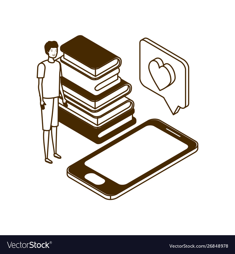 Man with smartphone screen and stack books vector image Man with smartphone screen and stack books