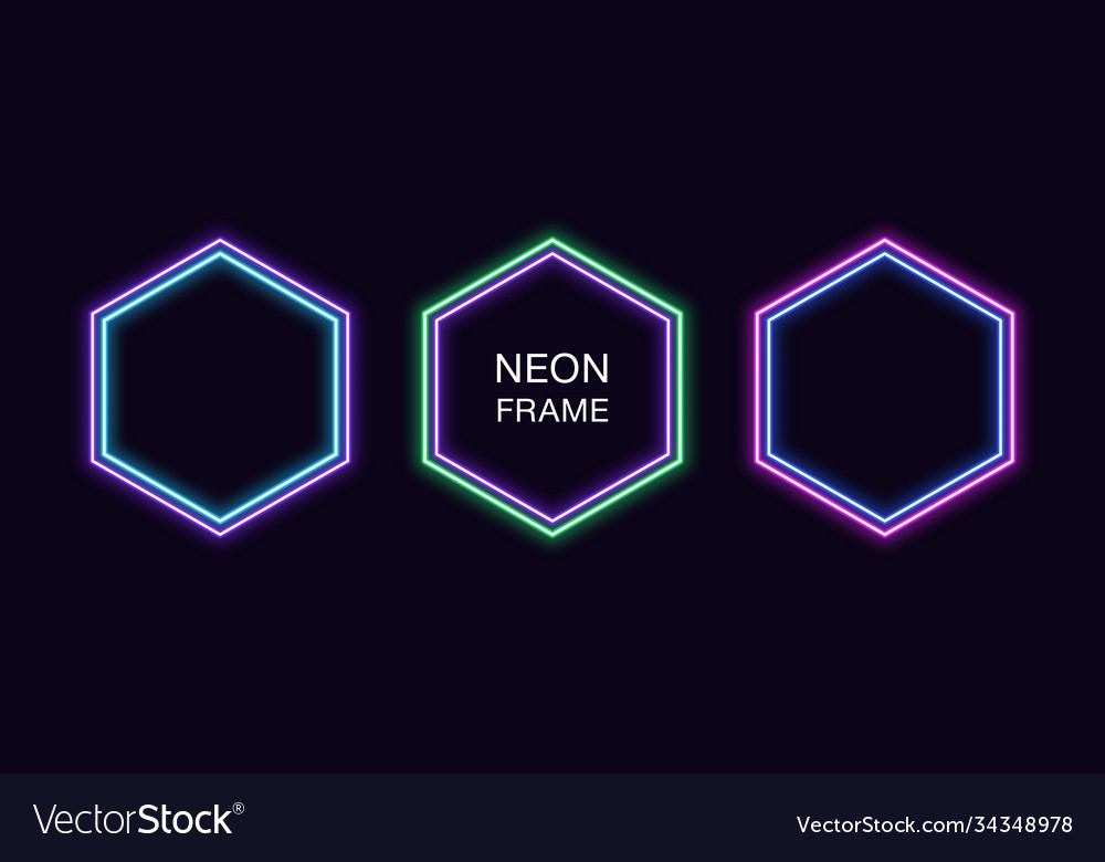 Neon hexagon frame set hexagonal border vector image Neon hexagon frame set hexagonal border