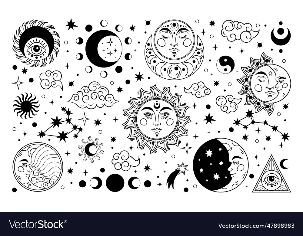 Astrology symbols silhouette sun and moon black Vector Image