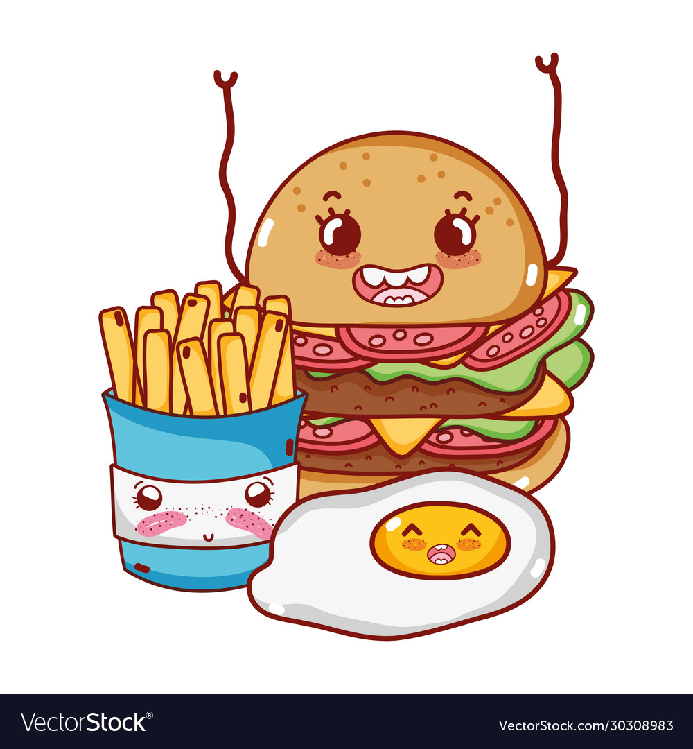 Fast food cute french fries egg and burger cartoon