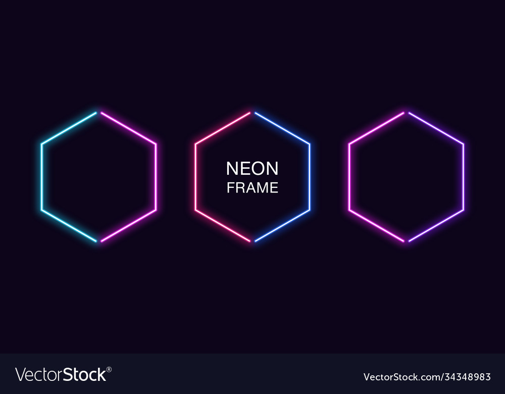 Neon hexagon frame set hexagonal border