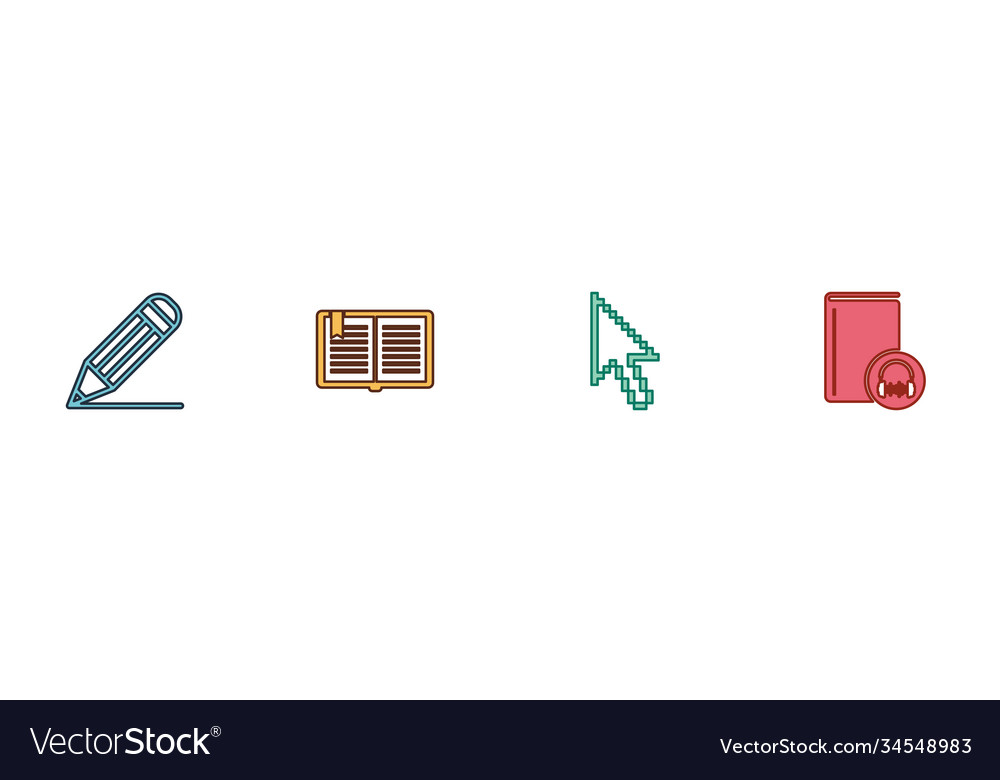 Set pencil and line open book pixel arrow cursor
