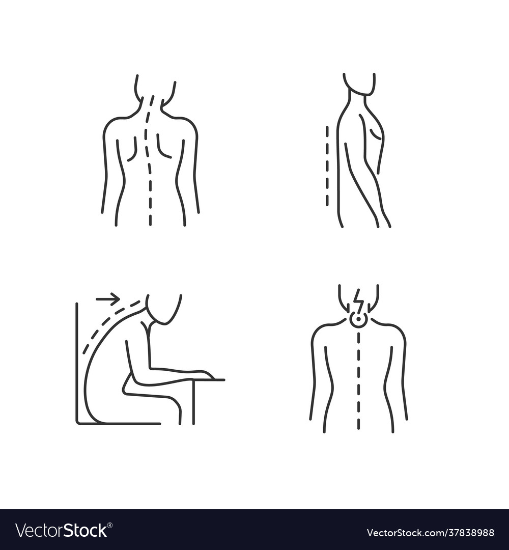 Bad posture problems linear icons set