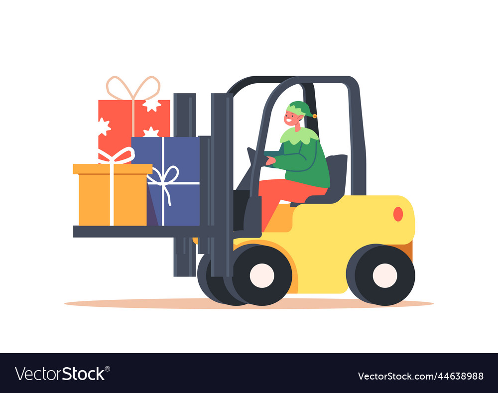 Cute christmas elf driving forklift with pile