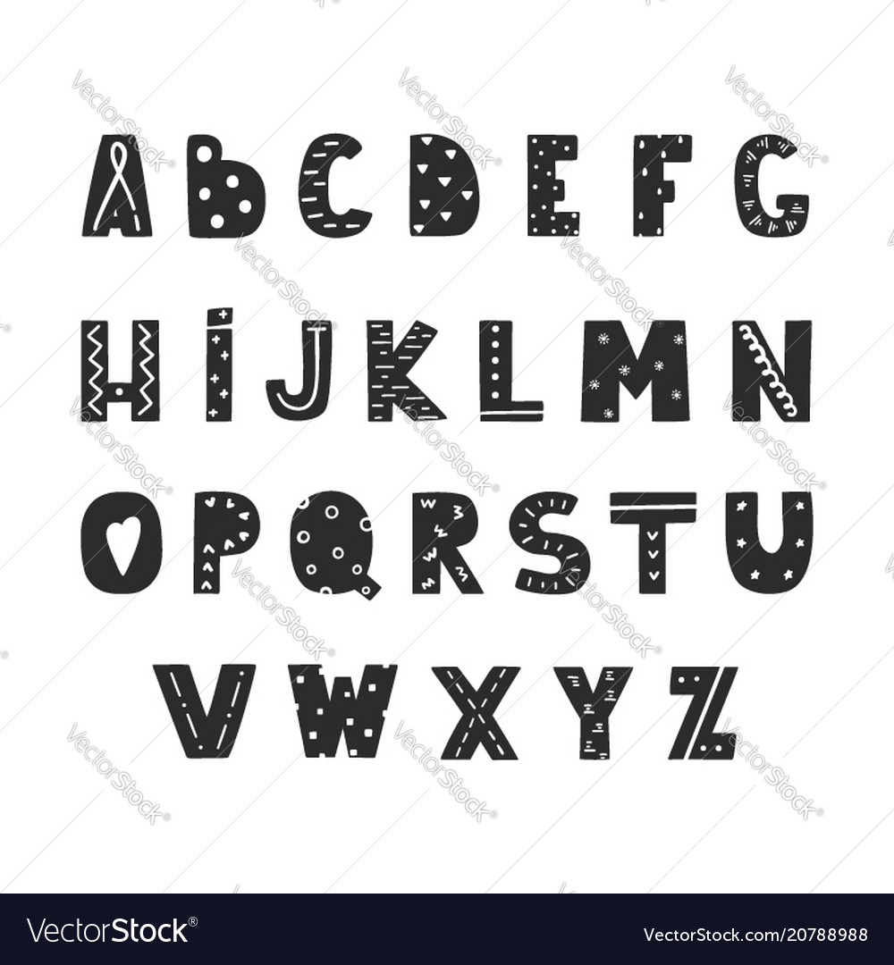 Hand drawn modern alphabet in black and white vector image Hand drawn modern alphabet in black and white