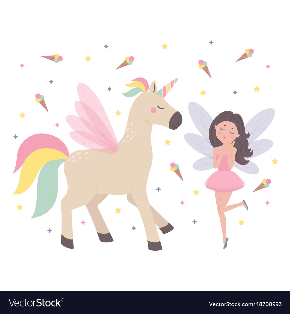 Cute flying fairy and unicorn are children