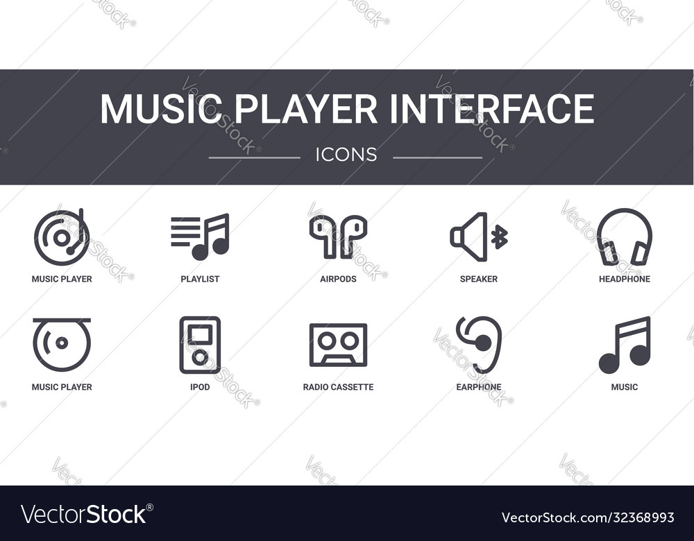 Music player interface concept line icons set vector image Music player interface concept line icons set