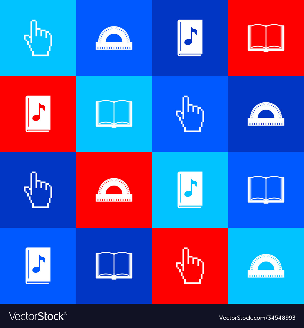 Set pixel hand cursor protractor grid audio book vector image Set pixel hand cursor protractor grid audio book