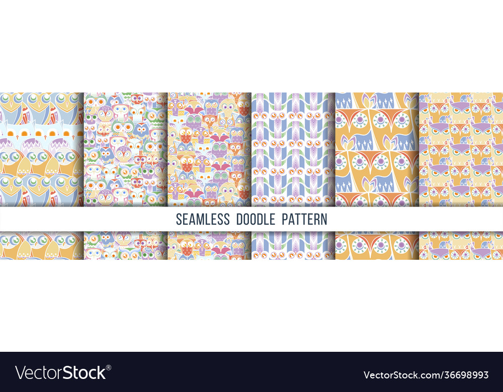 Set seamless doodle owl patterns cute print