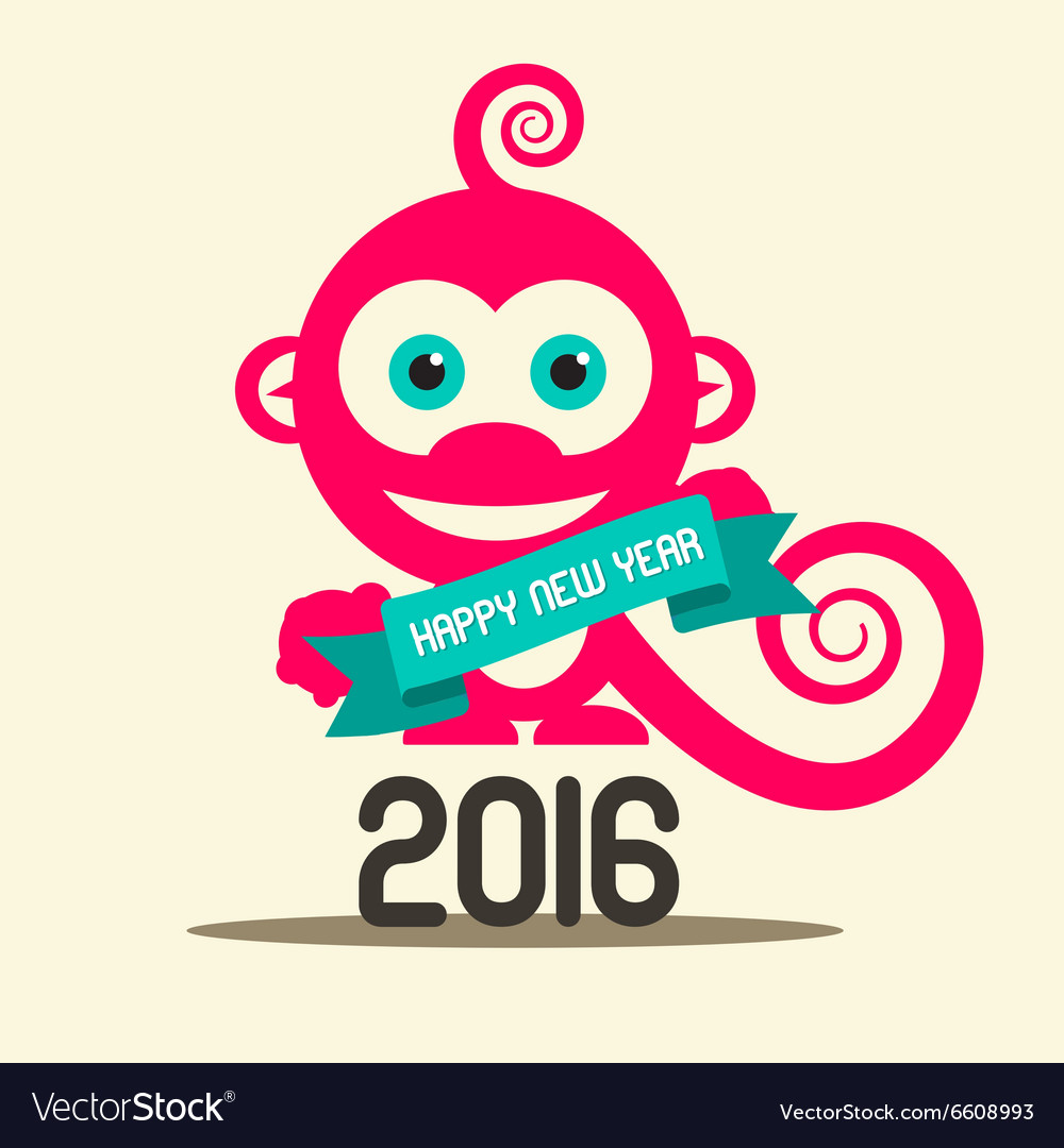 Simple happy new year 2016 with monkey and ribbon