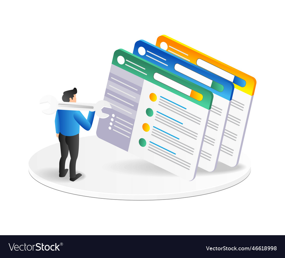 3d isometric concept of a man building web app vector image 3d isometric concept of a man building web app