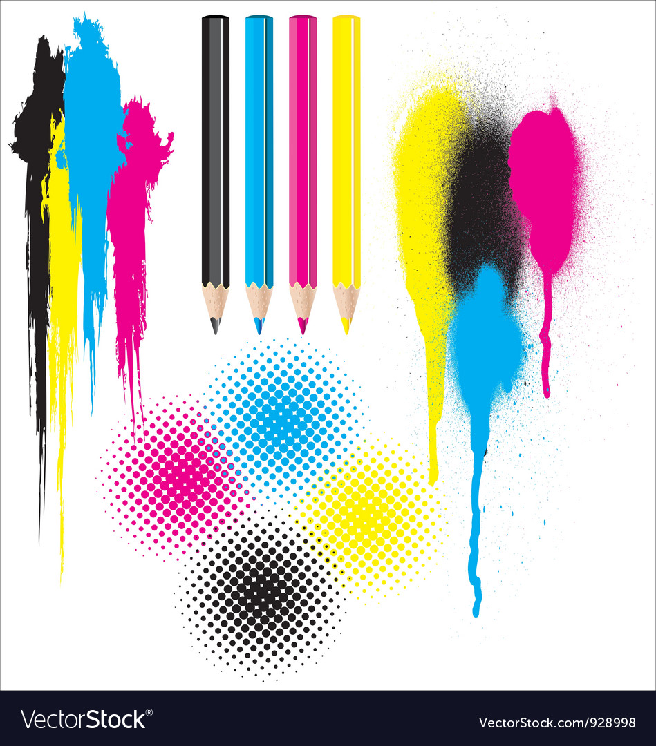 Cmyk splatters pencils and halftones