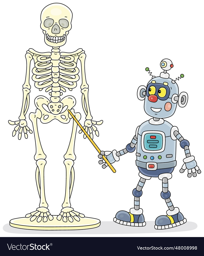 Funny robot at an anatomy lesson with a skeleton vector image Funny robot at an anatomy lesson with a skeleton