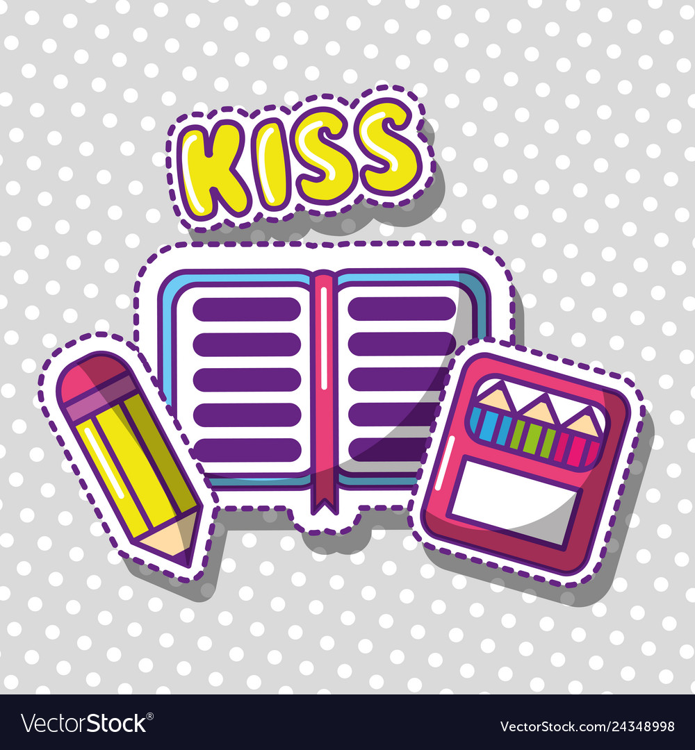 School book pencil crayons kiss text cute image