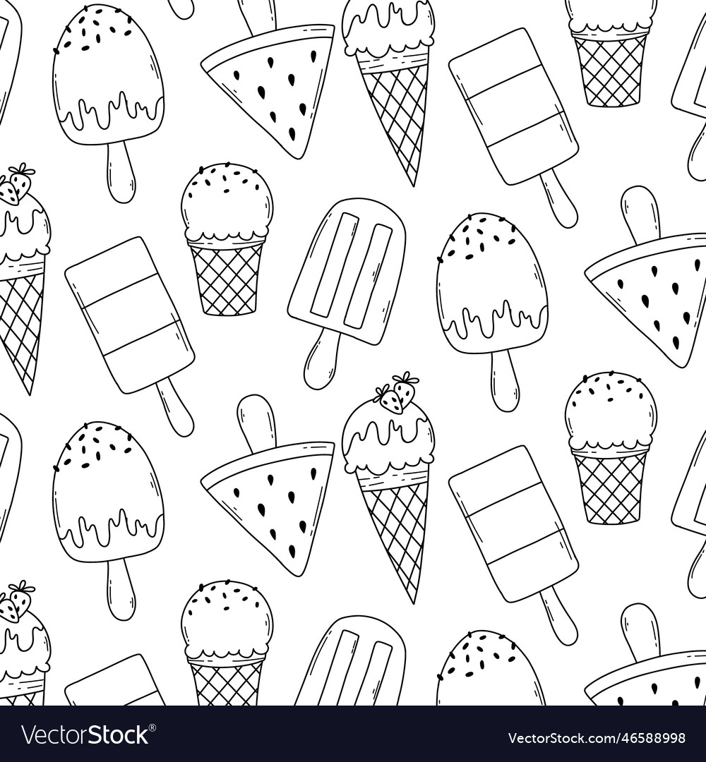 Seamless pattern with ice cream in doodle style