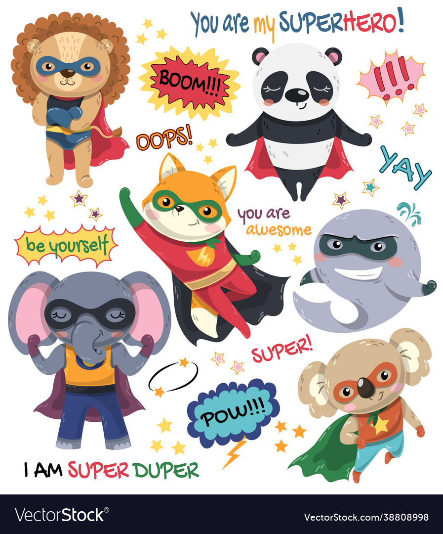 Set six little cartoon animal super heroes Vector Image Set six little cartoon animal super heroes Vector Image