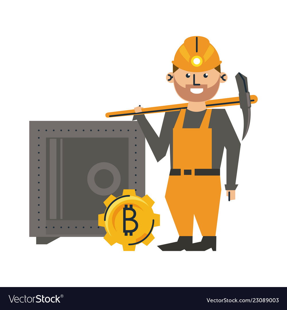 Bitcoin mining strongbox and worker with pick vector image Bitcoin mining strongbox and worker with pick