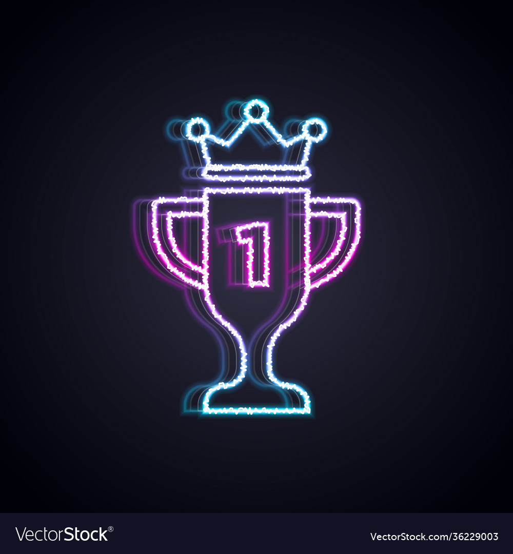 Glowing neon line award cup icon isolated on black