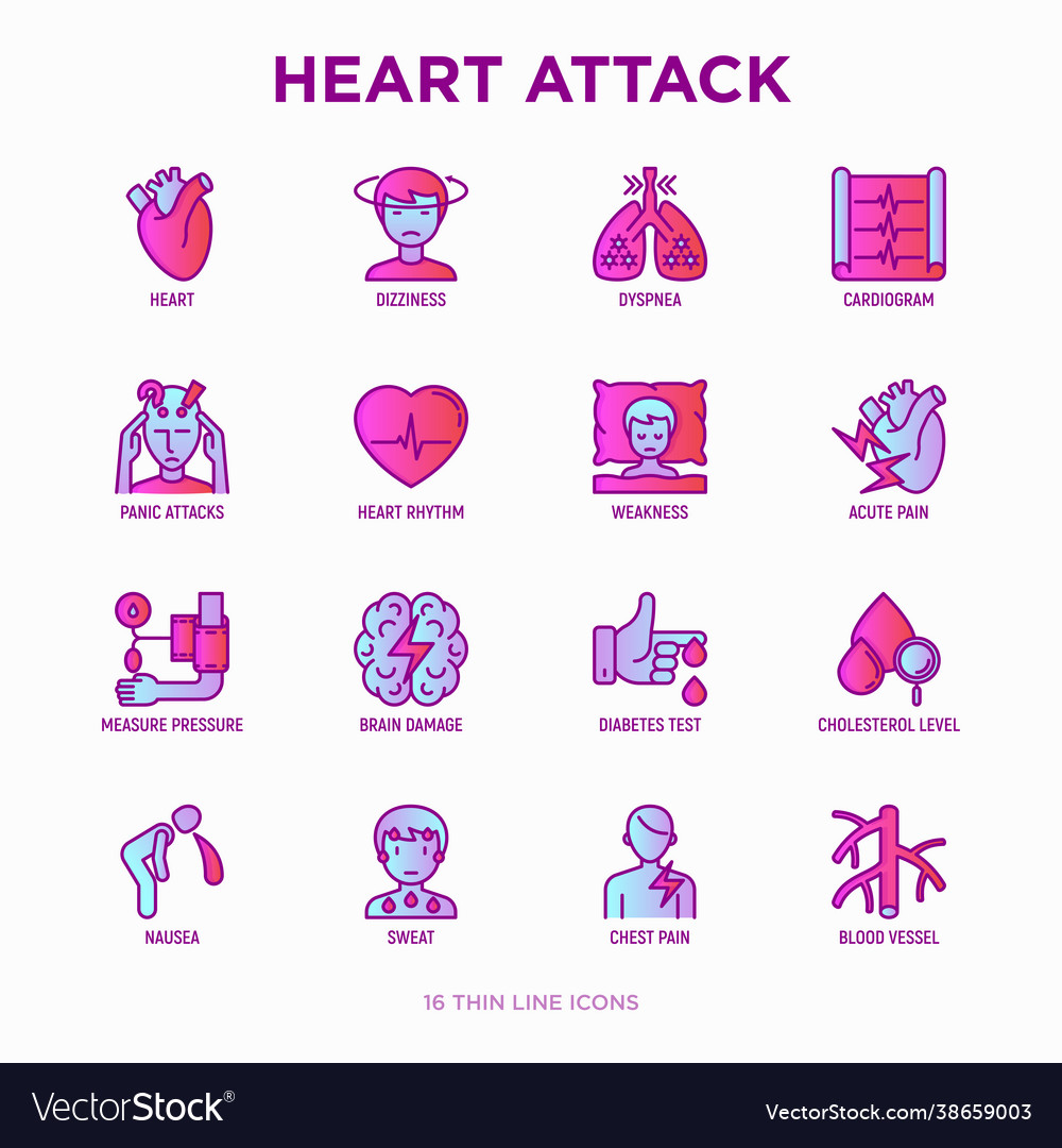 Heart attack symptoms thin line icons set