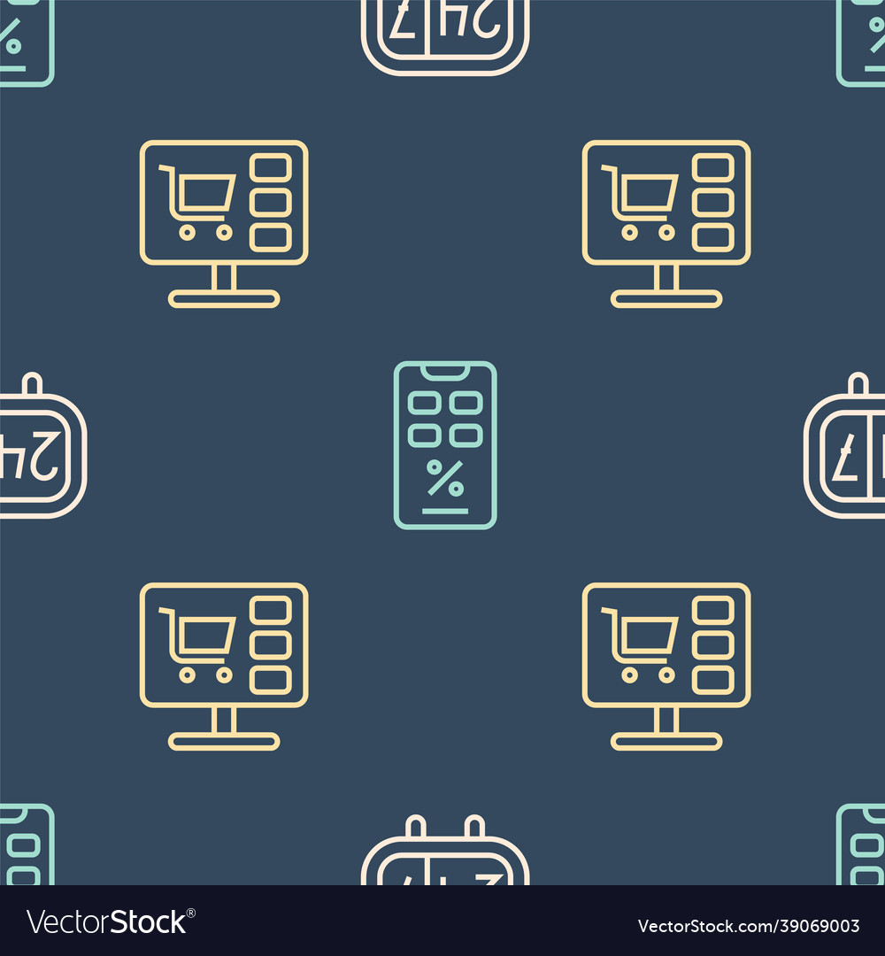 Set line clock 24 hours shopping cart on computer vector image Set line clock 24 hours shopping cart on computer