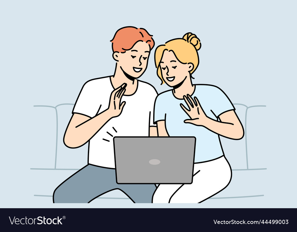 Smiling couple talk on video call computer Vector Image Smiling couple talk on video call computer