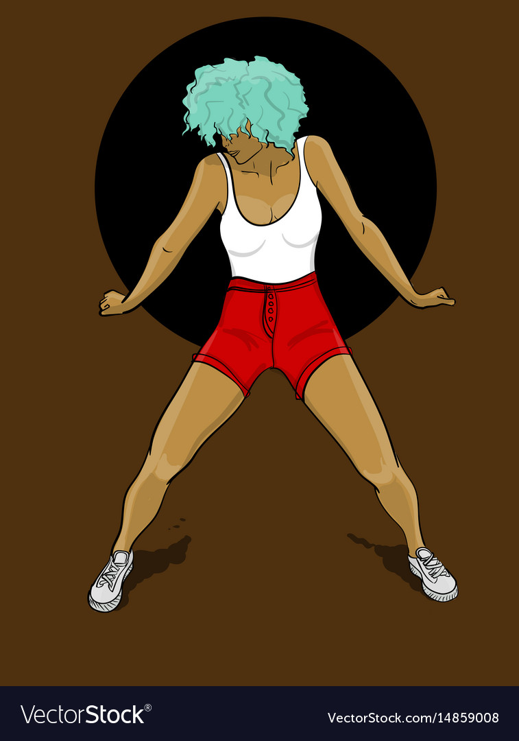 A girl with blue hair in red shorts and white t