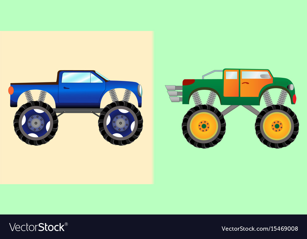 Blue and green monster trucks
