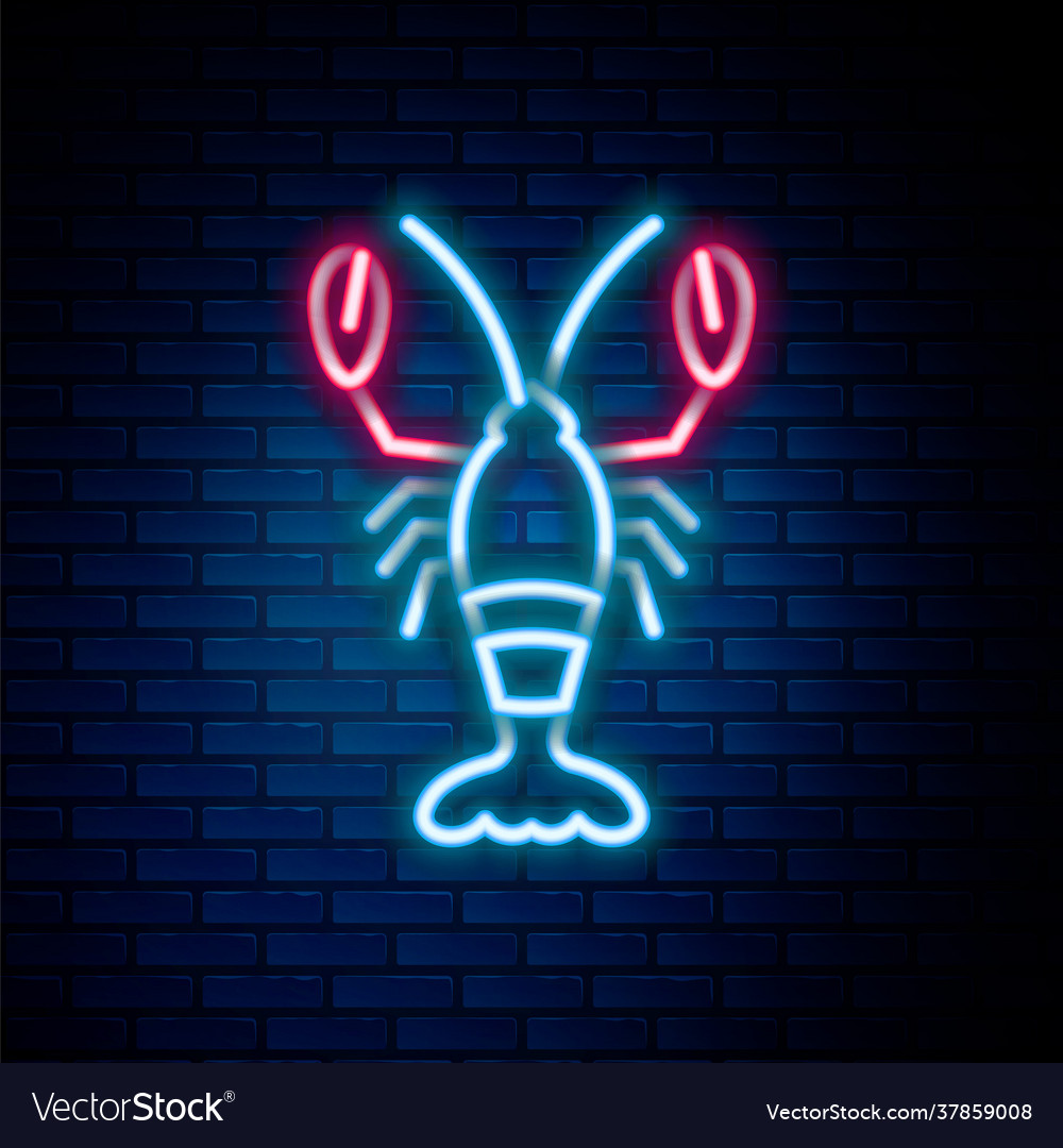 Glowing neon line lobster icon isolated on brick