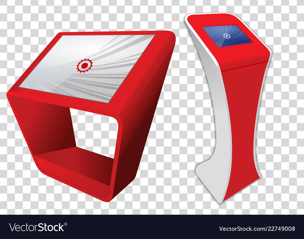 Two red promotional interactive information kiosk