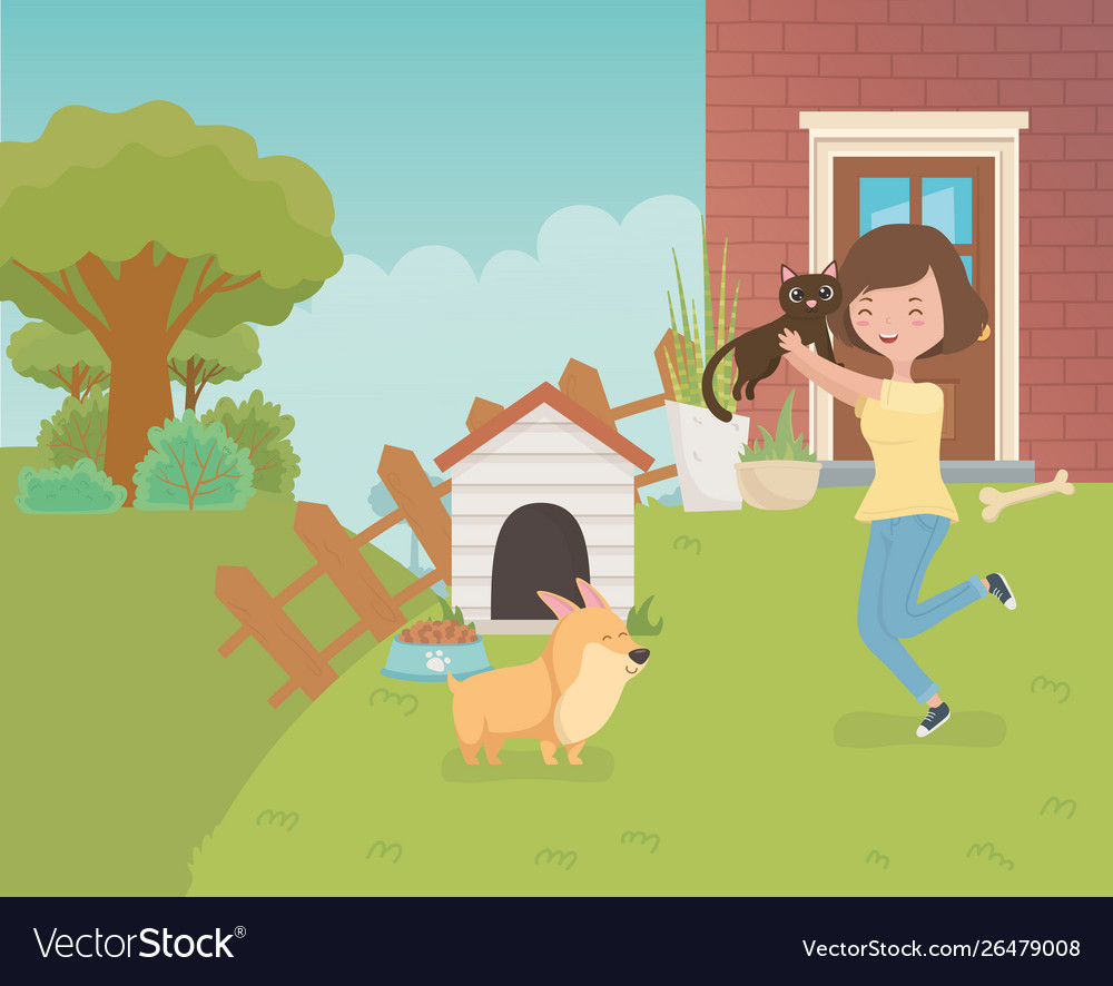 Woman with cute little cat and dog in house