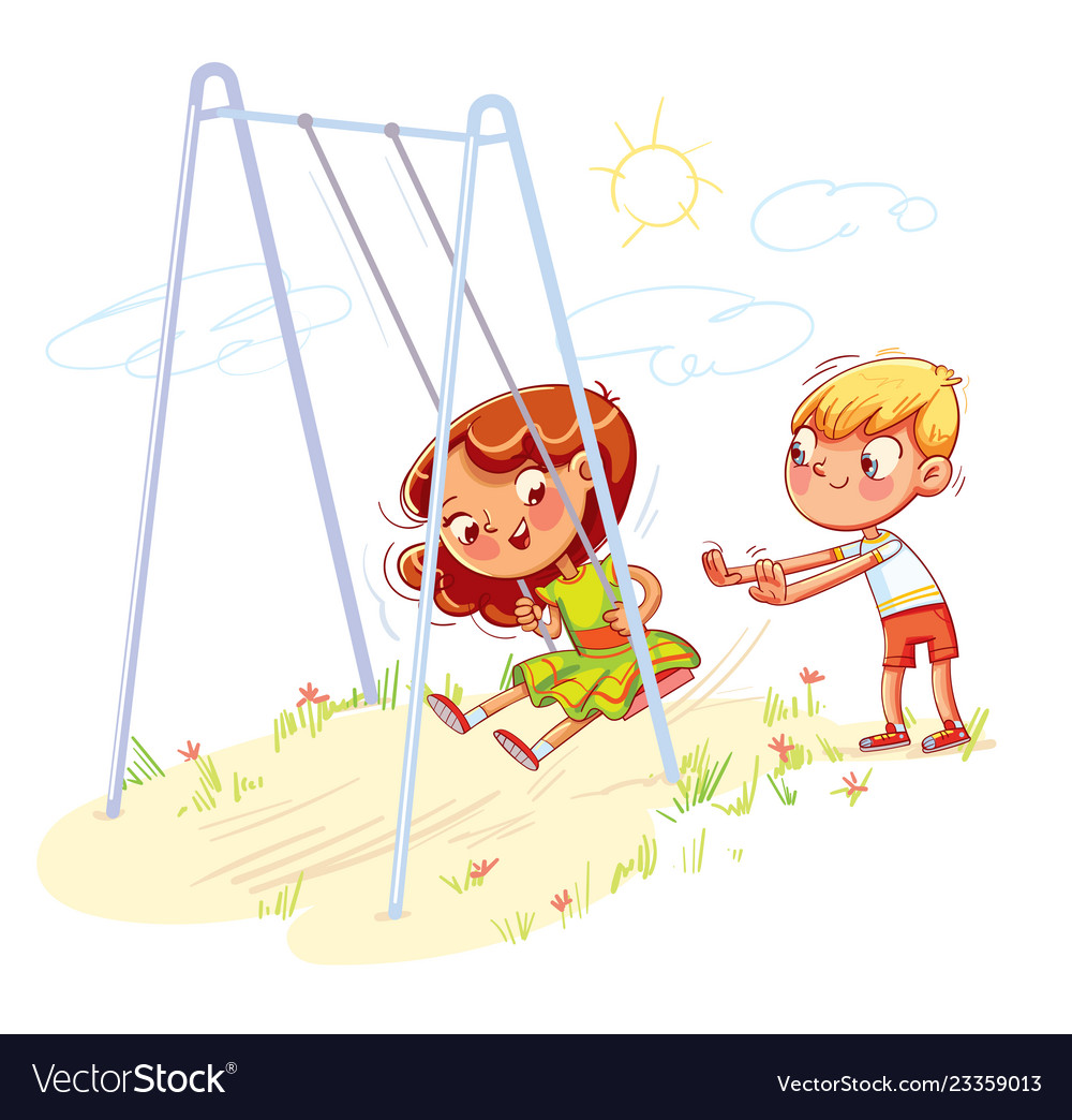 Boy shakes girl on a swing at playground Vector Image