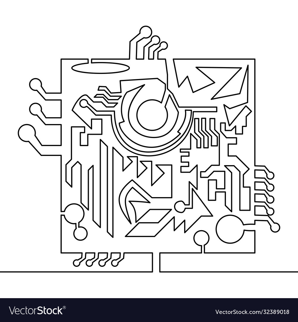 Continuous line drawing microchip concept vector image Continuous line drawing microchip concept