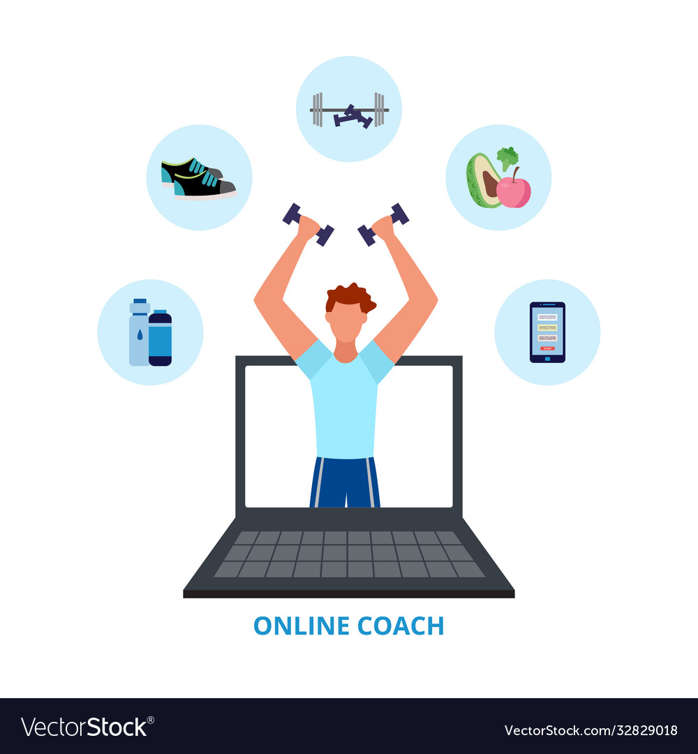 Online fitness coach poster with personal trainer Vector Image