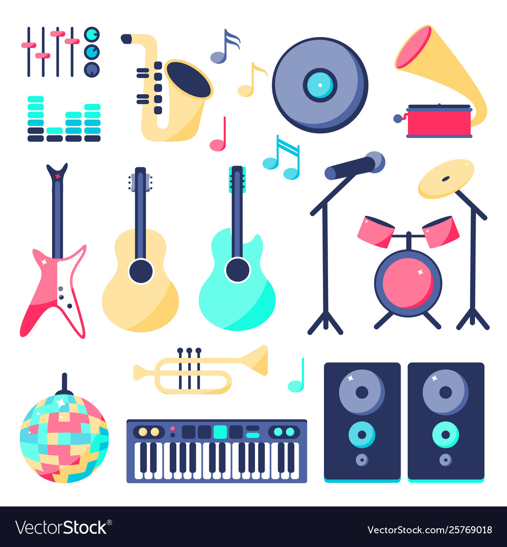 Set music instruments in flat style